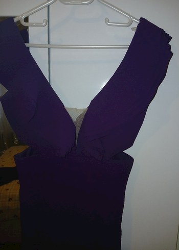 Mor Drapeli V Yaka Uzun Kadın Abiye Elbise - Görsel 2