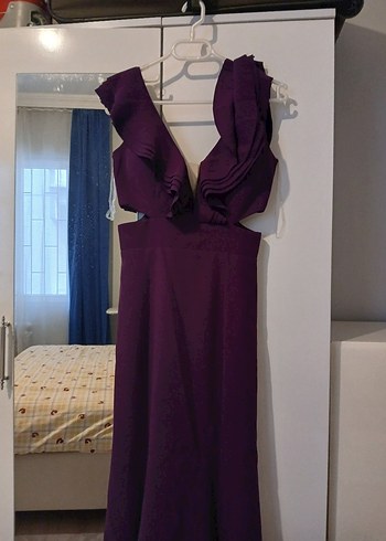 Mor Drapeli V Yaka Uzun Kadın Abiye Elbise - Görsel 6