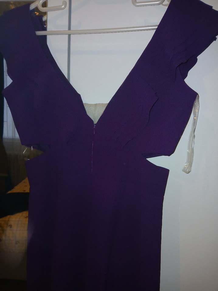 Mor Drapeli V Yaka Uzun Kadın Abiye Elbise - Görsel 3