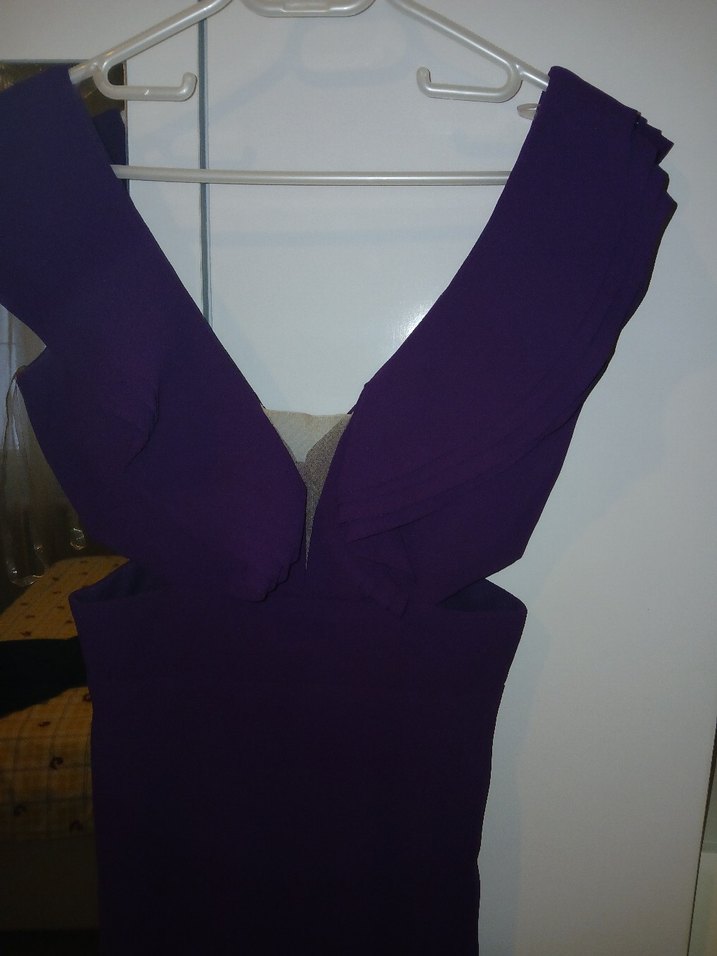 Mor Drapeli V Yaka Uzun Kadın Abiye Elbise - Görsel 2