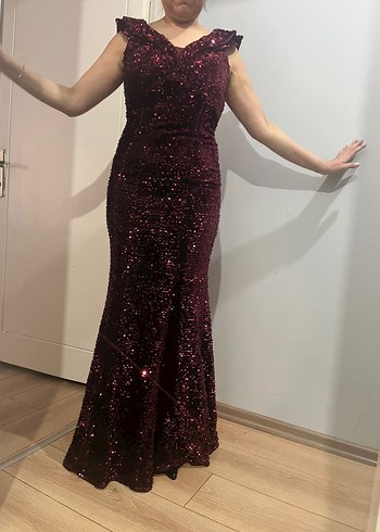 Bordo Drapeli Uzun Abiye Elbise - Görsel 8