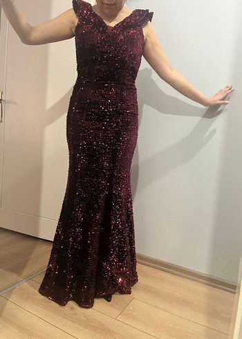 Bordo Drapeli Uzun Abiye Elbise - Görsel 7