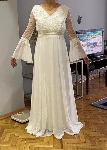 Bohem V Yaka Uzun Kollu Beyaz Gelinlik - Görsel 3