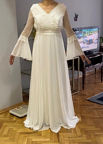 Bohem V Yaka Uzun Kollu Beyaz Gelinlik - Görsel 2