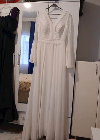 Bohem V Yaka Uzun Kollu Beyaz Gelinlik - Görsel 5