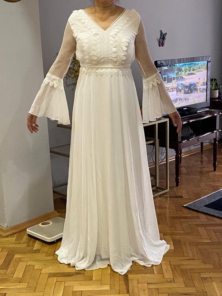 Bohem V Yaka Uzun Kollu Beyaz Gelinlik - Görsel 3