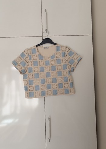 Bej Mavi Kareli Bohem Kısa Kollu Örgü Tişört
