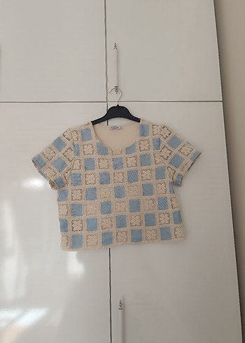 Diğer Bej Mavi Kareli Bohem Kısa Kollu Örgü Tişört