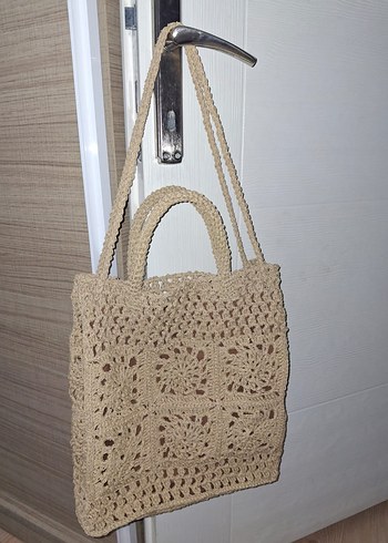 Zara Kağıt ipten Bej Örgü Dantel Detaylı Bohem Kadın Çanta
