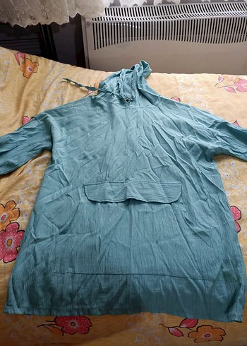 Mavi Kapüşonlu Midi Keten Kadın Yağmurluk - Görsel 7