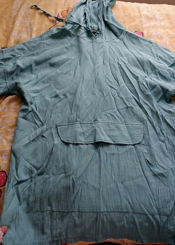 Mavi Kapüşonlu Midi Keten Kadın Yağmurluk - Görsel 4