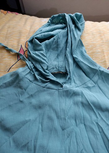 Mavi Kapüşonlu Midi Keten Kadın Yağmurluk - Görsel 2