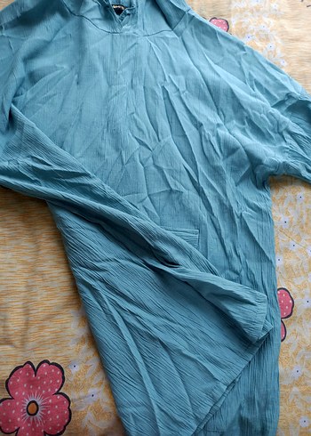 Mavi Kapüşonlu Midi Keten Kadın Yağmurluk - Görsel 3