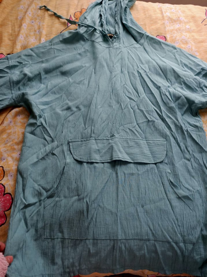 Mavi Kapüşonlu Midi Keten Kadın Yağmurluk - Görsel 4