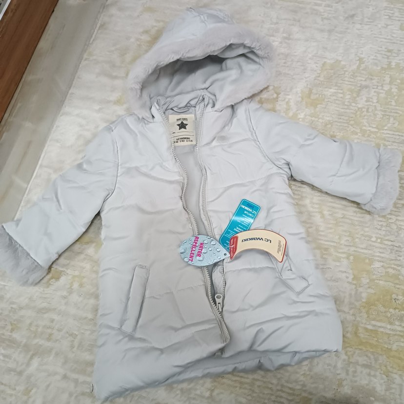 Kürklü Kapüşonlu Gri Kısa cocuk Mont - Görsel 2