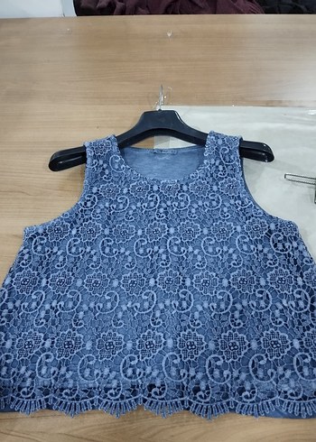 Gri Nakışlı Dantel Detaylı Kolsuz Denim Bluz - Görsel 8