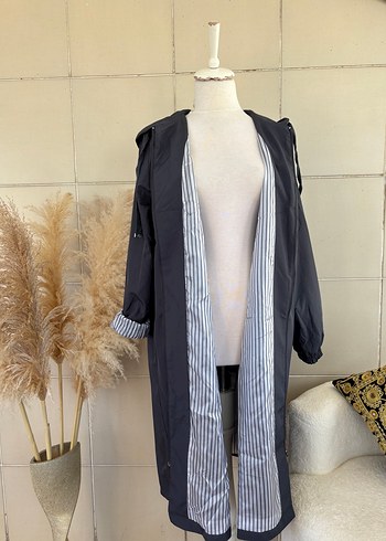 Gri Kapüşonlu Uzun Kadın trençkot - Görsel 5