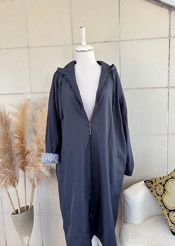 Gri Kapüşonlu Uzun Kadın trençkot - Görsel 3