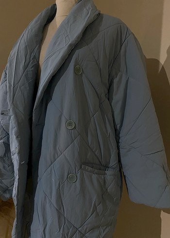 Düğmeli Mavi kadın mont oversize kalıp - Görsel 3