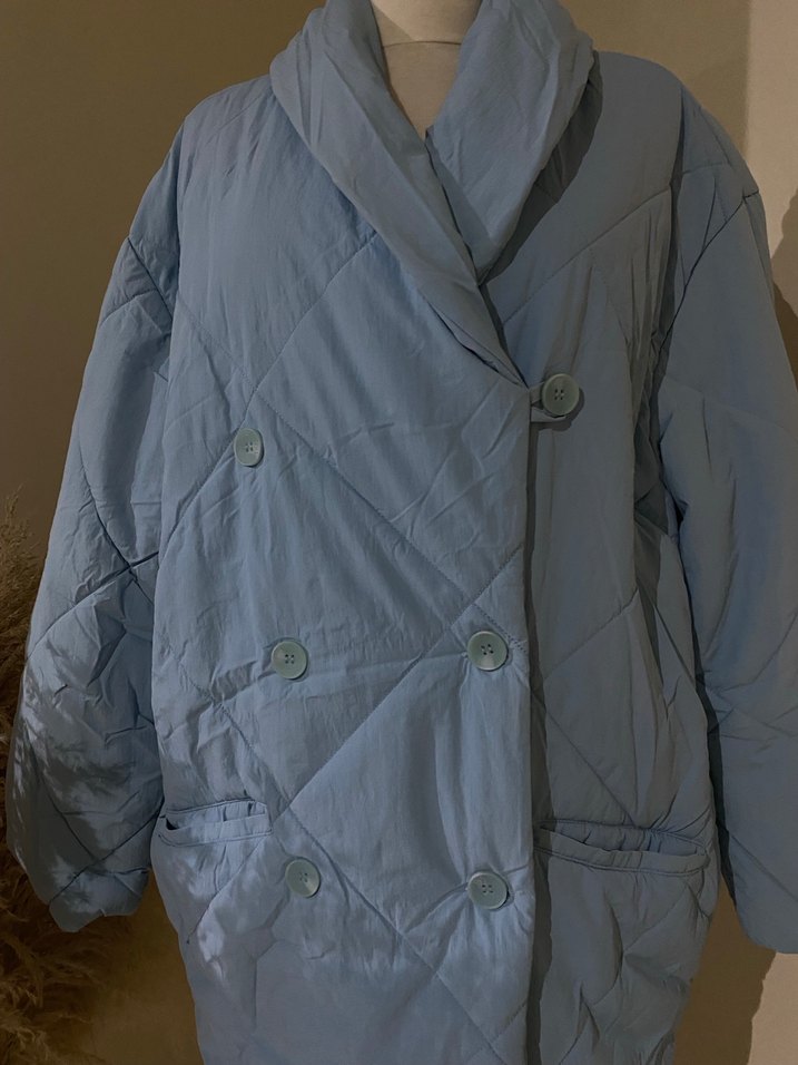 Düğmeli Mavi kadın mont oversize kalıp - Görsel 2