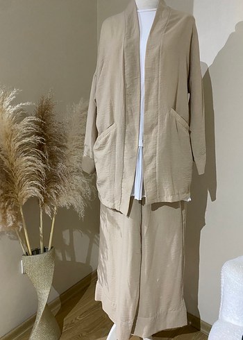 Bej Uzun Kollu Keten Kadın Kimono - Görsel 2