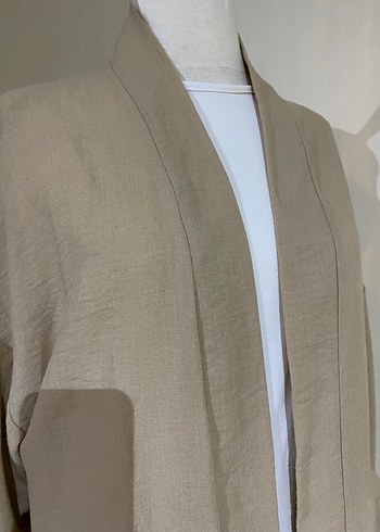 Bej Uzun Kollu Keten Kadın Kimono - Görsel 4