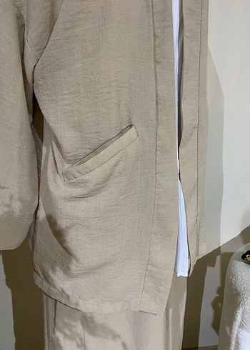 Bej Uzun Kollu Keten Kadın Kimono - Görsel 3