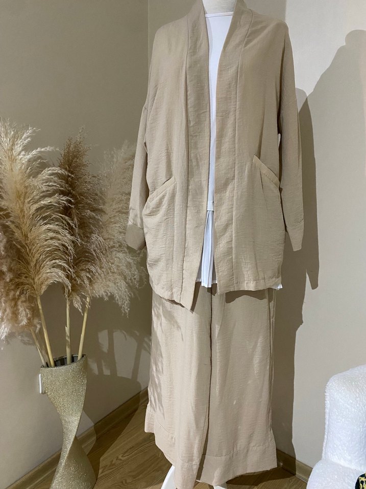 Bej Uzun Kollu Keten Kadın Kimono - Görsel 2