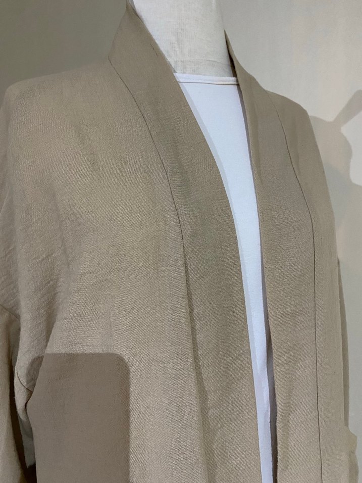 Bej Uzun Kollu Keten Kadın Kimono - Görsel 4