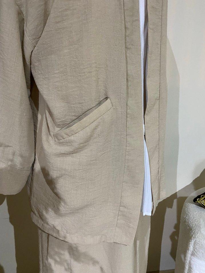 Bej Uzun Kollu Keten Kadın Kimono - Görsel 3