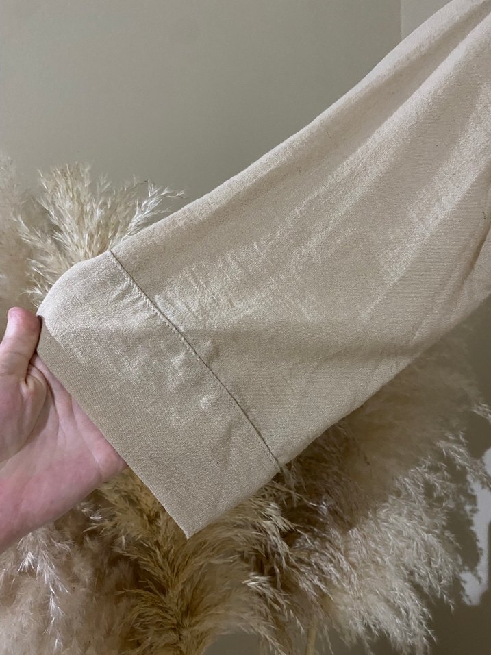 Bej Uzun Kollu Keten Kadın Kimono - Görsel 5