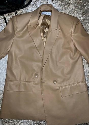 Düğmeli Kahverengi Deri Kadın Blazer - Görsel 4