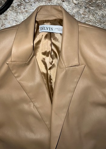 Düğmeli Kahverengi Deri Kadın Blazer - Görsel 3