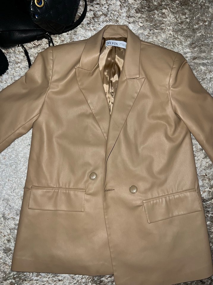 Düğmeli Kahverengi Deri Kadın Blazer - Görsel 2