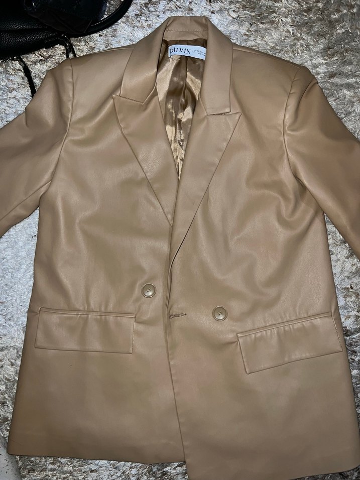 Düğmeli Kahverengi Deri Kadın Blazer - Görsel 4