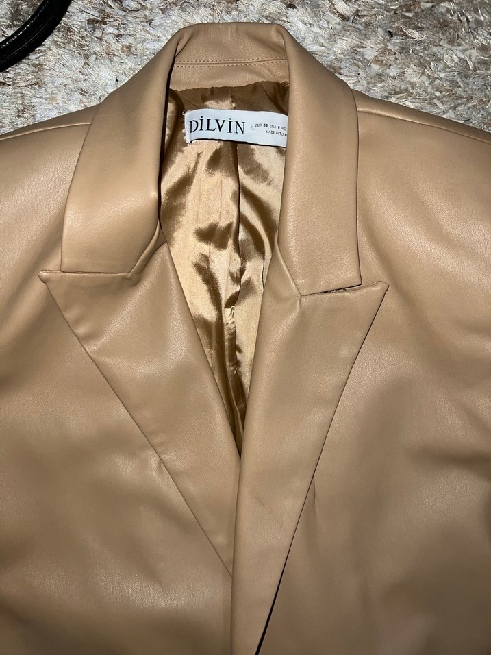 Düğmeli Kahverengi Deri Kadın Blazer - Görsel 3