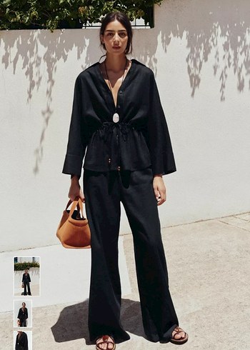 Siyah Keten Düğmeli Mini Gömlek - Görsel 2