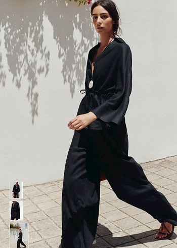 Siyah Keten Düğmeli Mini Gömlek - Görsel 4