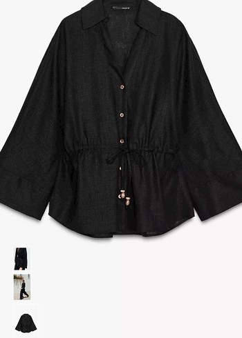 Siyah Keten Düğmeli Mini Gömlek - Görsel 5