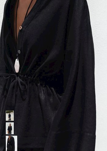 Siyah Keten Düğmeli Mini Gömlek - Görsel 3