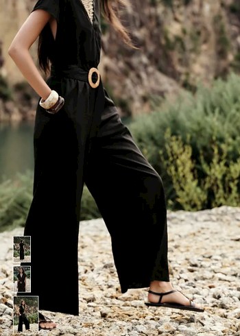 Siyah V Yaka Kemerli Kadın Tulum - Görsel 7