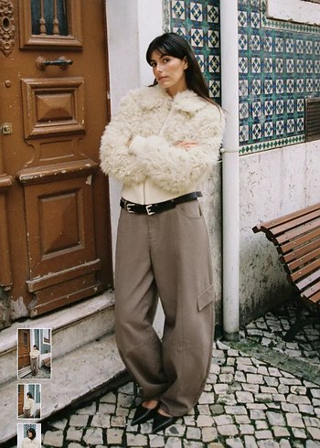 Bej Peluş Detaylı Midi Kadın Kürk Ceket - Görsel 4