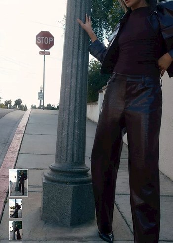 Deri Yılan Desenli Kadın Bol Paça Pantolon - Görsel 6