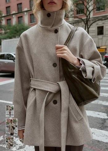 Düğmeli ve Kemerli Bej Kaban - Görsel 2