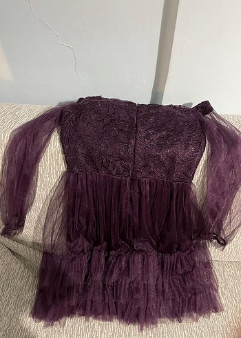 Mor Dantel Detaylı Straplez Midi Elbise - Görsel 3