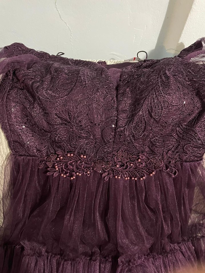 Mor Dantel Detaylı Straplez Midi Elbise - Görsel 2