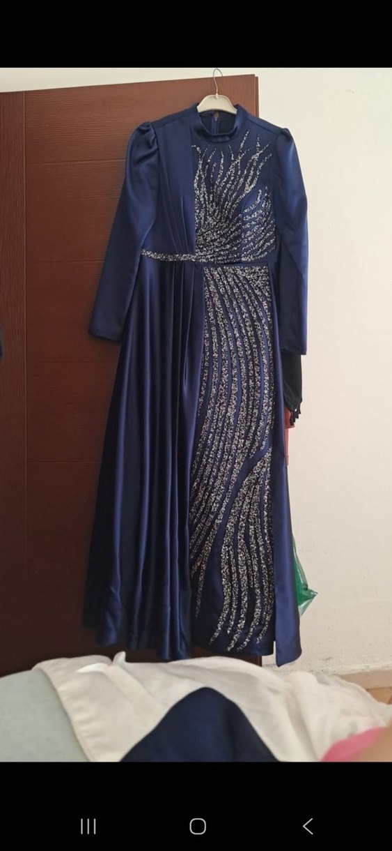 Drapeli Parlak Mavi Tesettür Abiye Elbise - Görsel 4