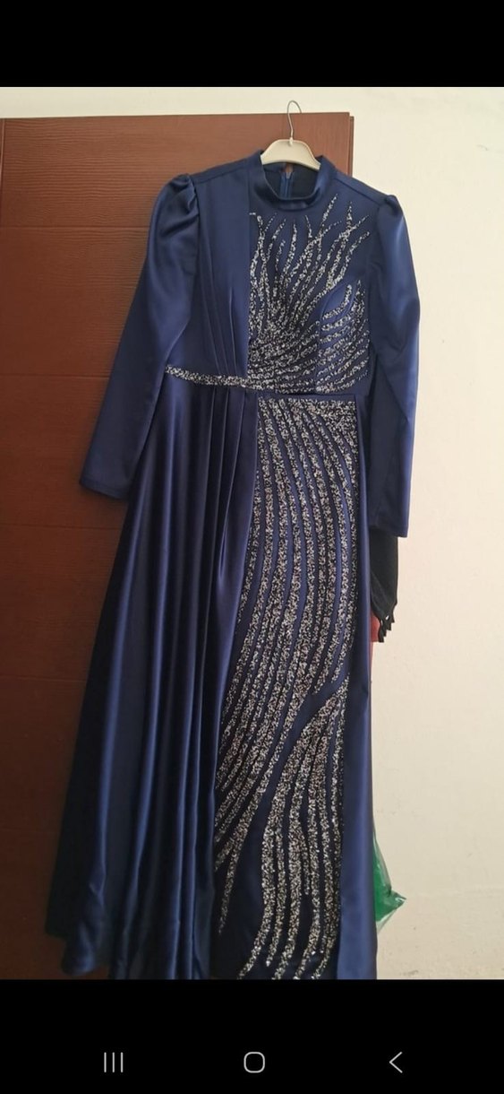 Drapeli Parlak Mavi Tesettür Abiye Elbise - Görsel 2