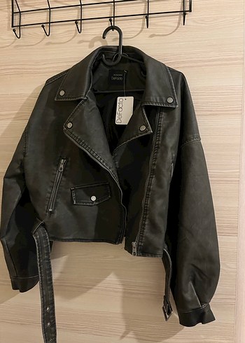 Kemerli Siyah Deri Biker Ceket