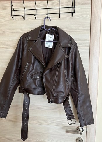 Kahverengi Kemerli Kadın Deri Biker Ceket